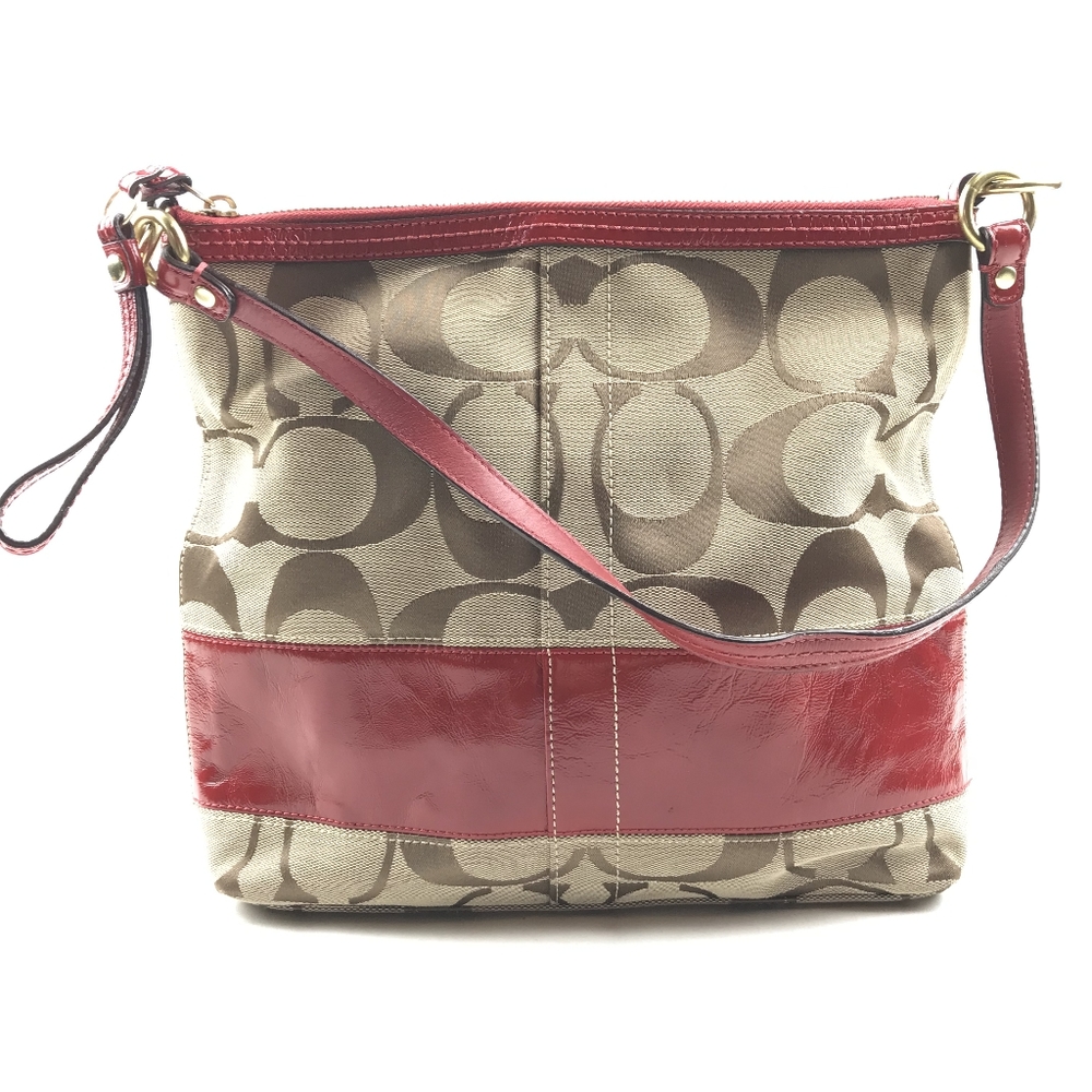 Coach Handbag Red Leather & Tan Canvas